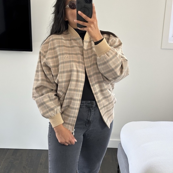 Valentino Jacket Bomber Beige Plaid Wool *VINTAGE* Logo V 100% Authentic - Picture 1 of 15